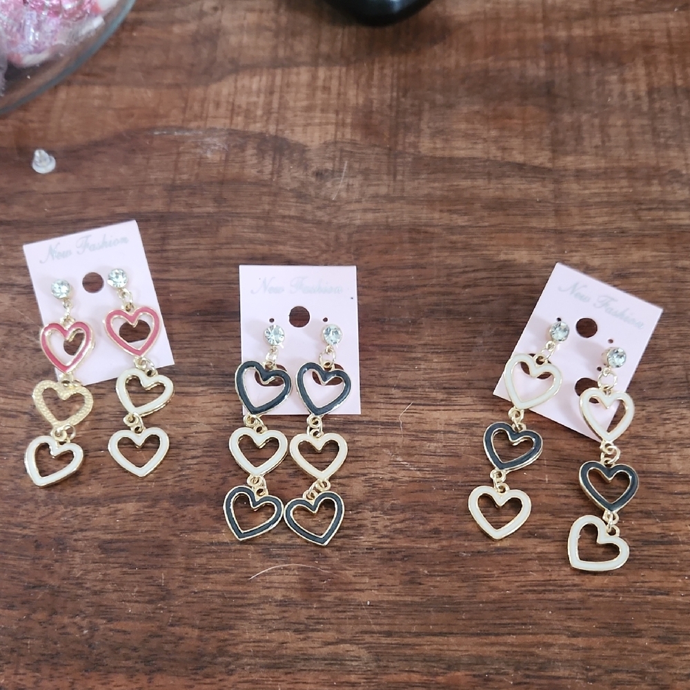 Fashion Jewelry Heart Earrings - Gold, Black, Pink